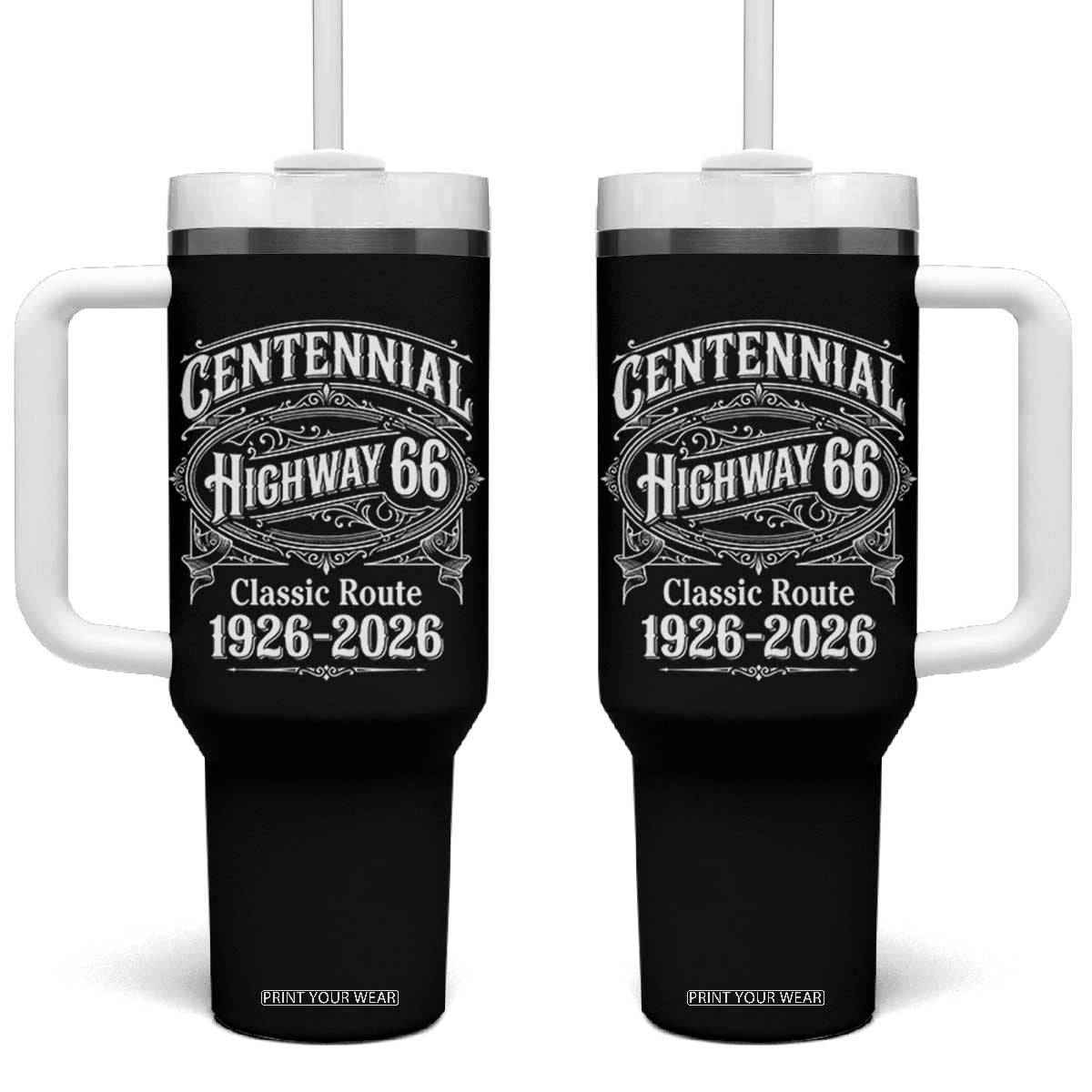 America Highway 66 Centennial 1926-2026 Classic Route Tumbler With Handle Vintage The Mother Road Victorian Filigree Graphic TS02 One Size: 40 oz Black Print Your Wear