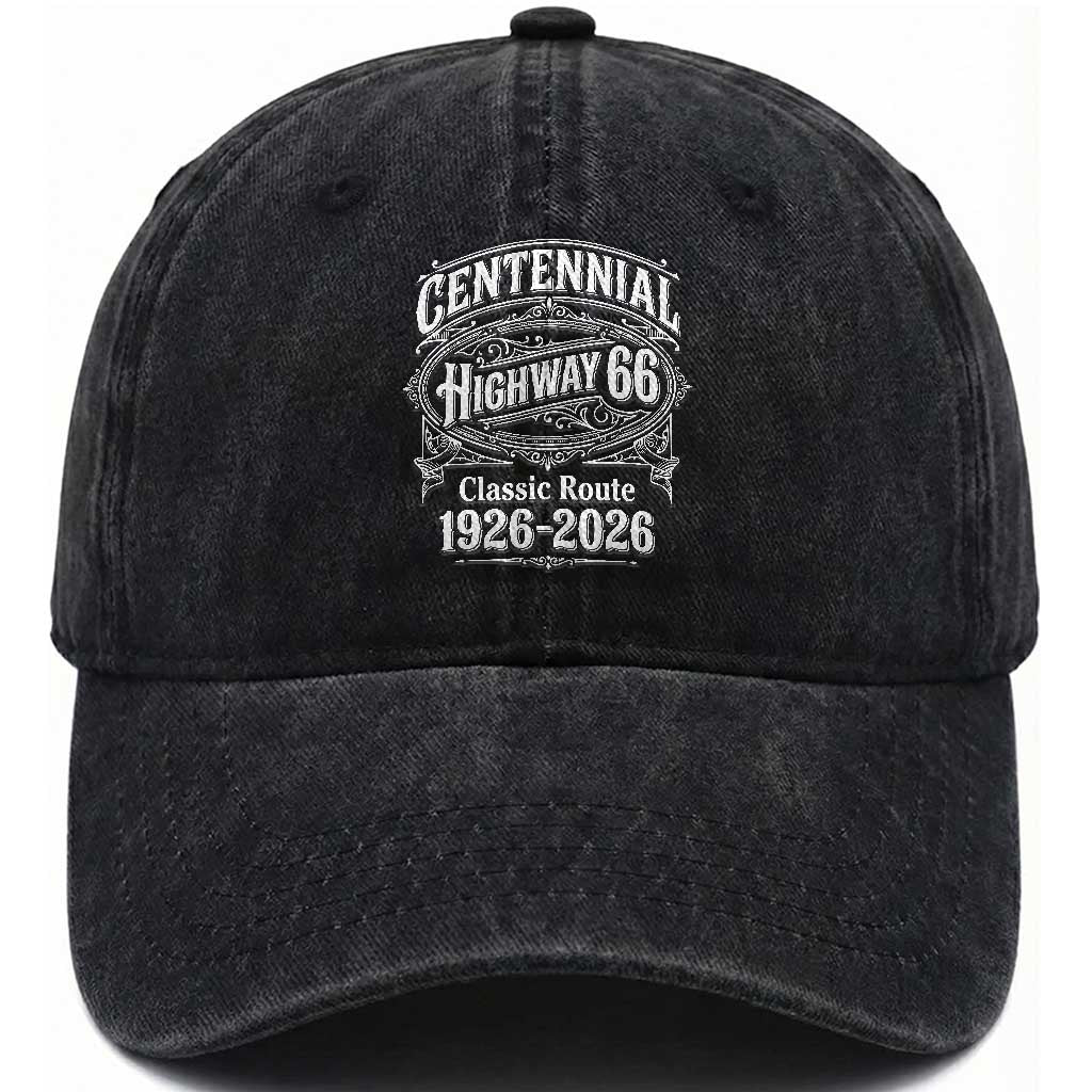 America Highway 66 Centennial 1926-2026 Classic Route Washed Cotton Baseball Cap Vintage The Mother Road Victorian Filigree Graphic TS02 Print Your Wear