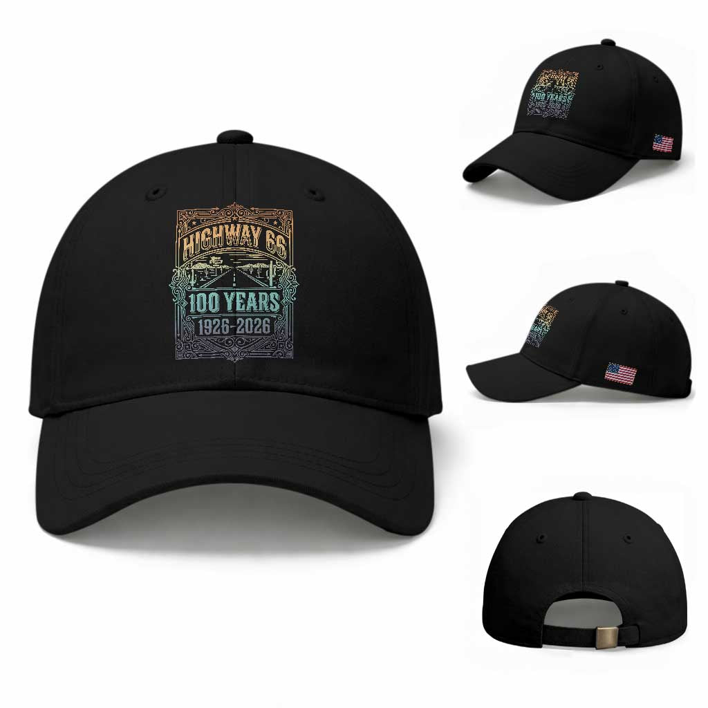 America Highway 66 100 Years Centennial 1926-2026 Baseball Cap Retro Desert Horizon The Mother Road Colorful Graphic TS02 Baseball Cap Universal Fit Black Print Your Wear
