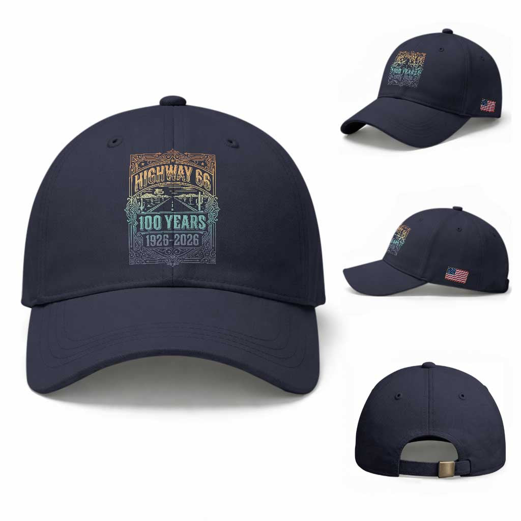 America Highway 66 100 Years Centennial 1926-2026 Baseball Cap Retro Desert Horizon The Mother Road Colorful Graphic TS02 Baseball Cap Universal Fit Navy Print Your Wear
