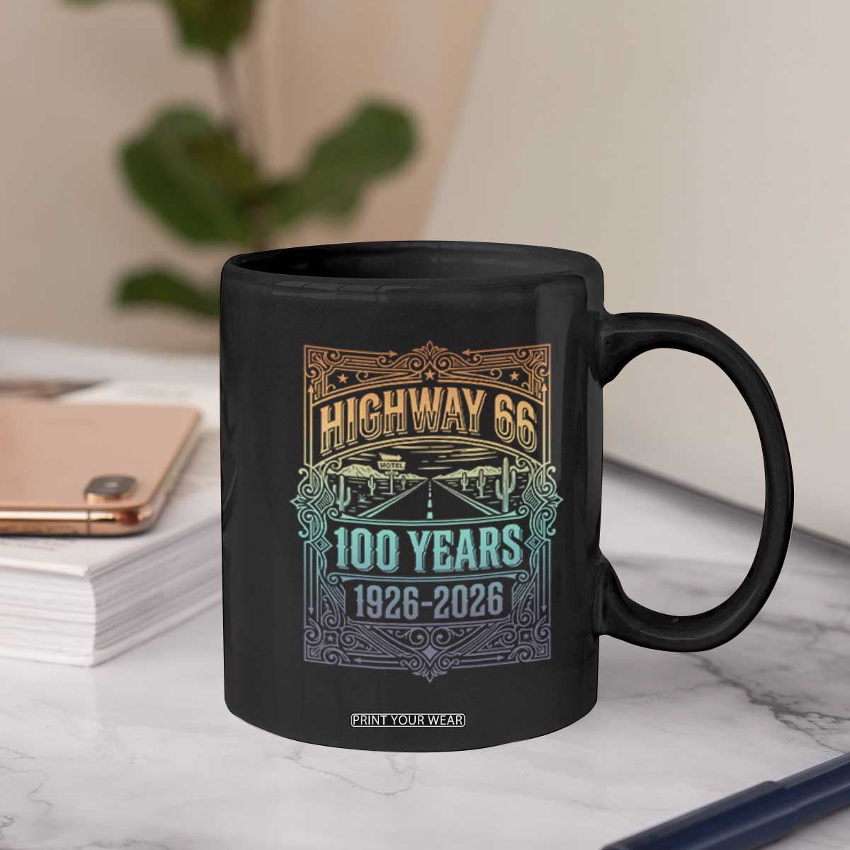 America Highway 66 100 Years Centennial 1926-2026 Coffee Mug Retro Desert Horizon The Mother Road Colorful Graphic TS02 Print Your Wear