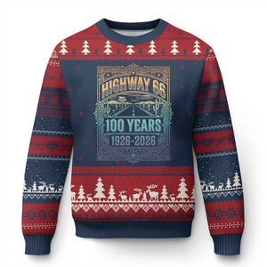 America Highway 66 100 Years Centennial 1926-2026 Ugly Christmas Sweater Retro Desert Horizon The Mother Road Colorful Graphic TS02 Navy Red Print Your Wear