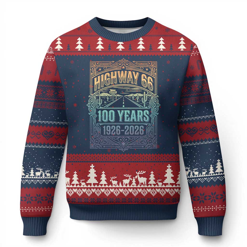 America Highway 66 100 Years Centennial 1926-2026 Ugly Christmas Sweater Retro Desert Horizon The Mother Road Colorful Graphic TS02 Navy Red Print Your Wear