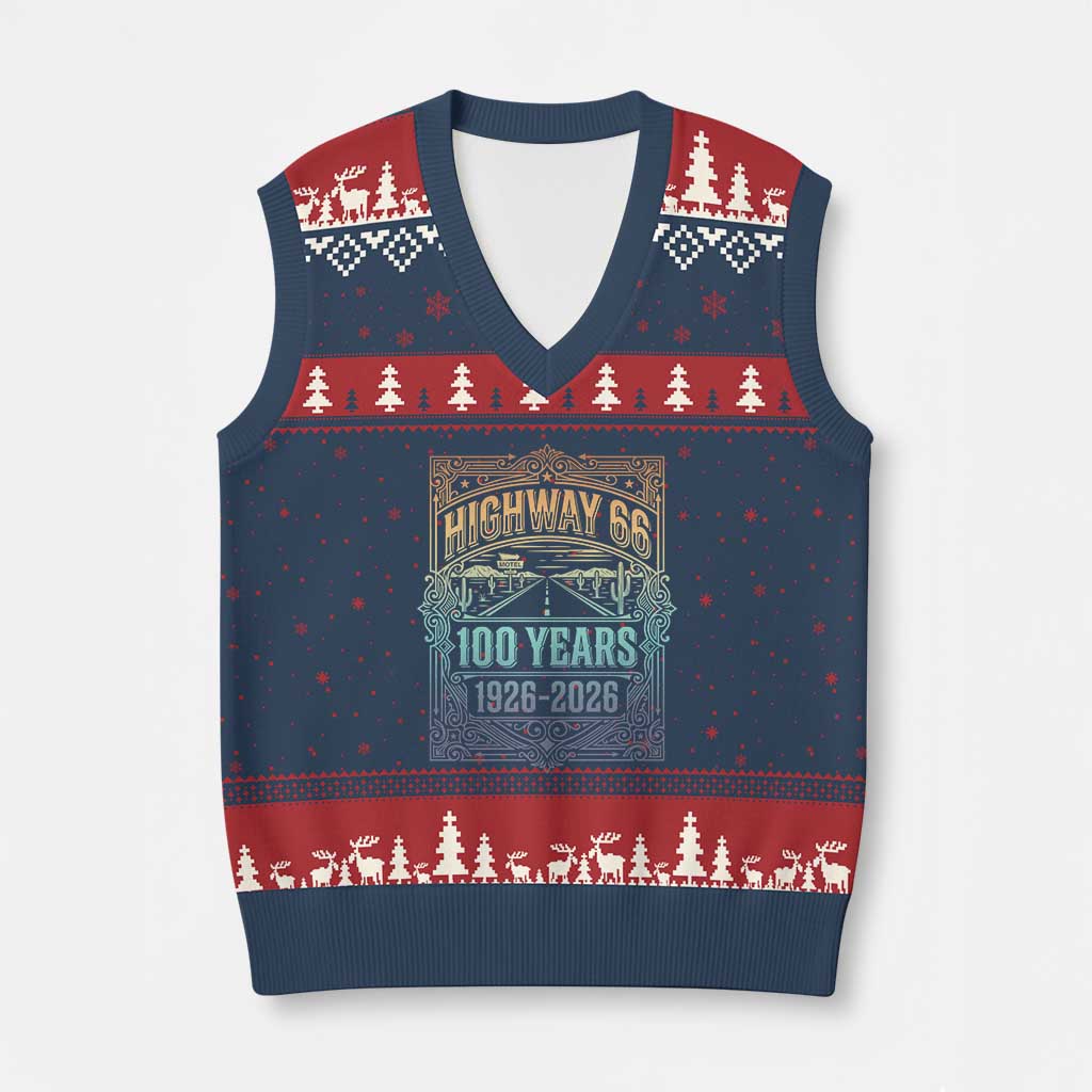 America Highway 66 100 Years Centennial 1926-2026 V-Neck Knit Sweater Vest Retro Desert Horizon The Mother Road Colorful Graphic TS02 Navy Red Print Your Wear