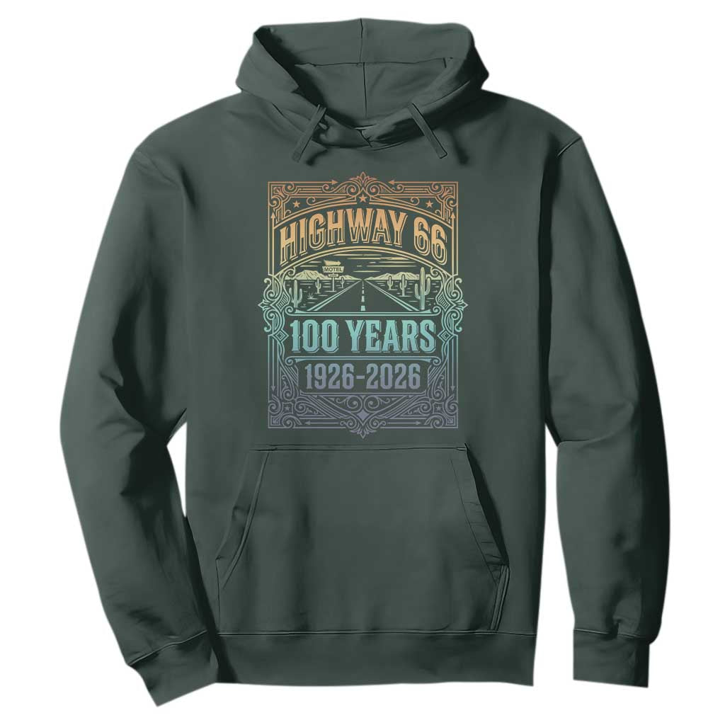 America Highway 66 100 Years Centennial 1926-2026 Hoodie Retro Desert Horizon The Mother Road Colorful Graphic TS02 Dark Forest Green Print Your Wear