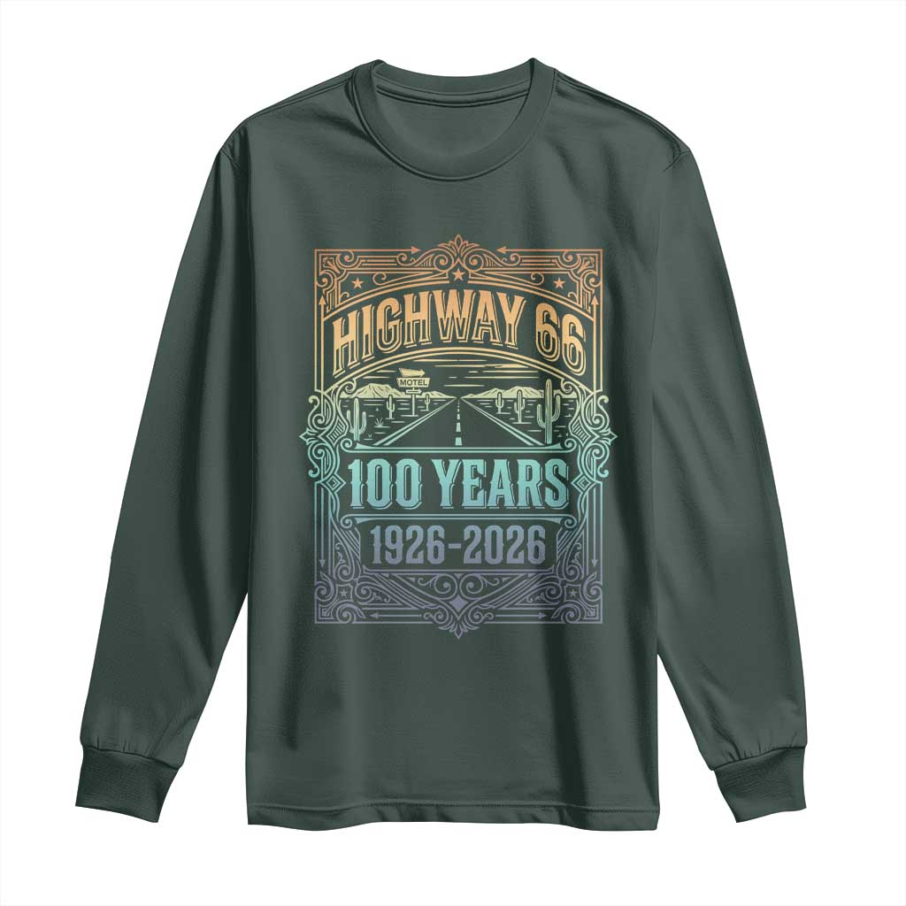 America Highway 66 100 Years Centennial 1926-2026 Long Sleeve Shirt Retro Desert Horizon The Mother Road Colorful Graphic TS02 Dark Forest Green Print Your Wear