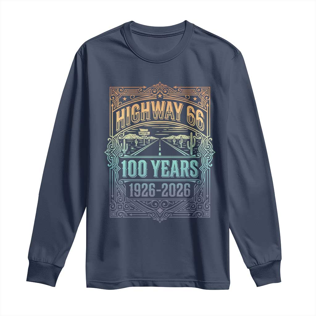 America Highway 66 100 Years Centennial 1926-2026 Long Sleeve Shirt Retro Desert Horizon The Mother Road Colorful Graphic TS02 Navy Print Your Wear