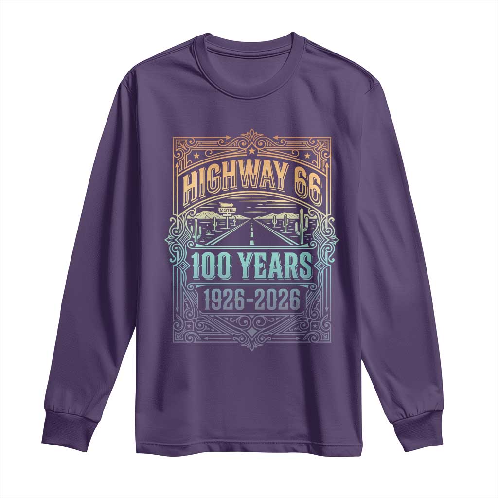 America Highway 66 100 Years Centennial 1926-2026 Long Sleeve Shirt Retro Desert Horizon The Mother Road Colorful Graphic TS02 Purple Print Your Wear