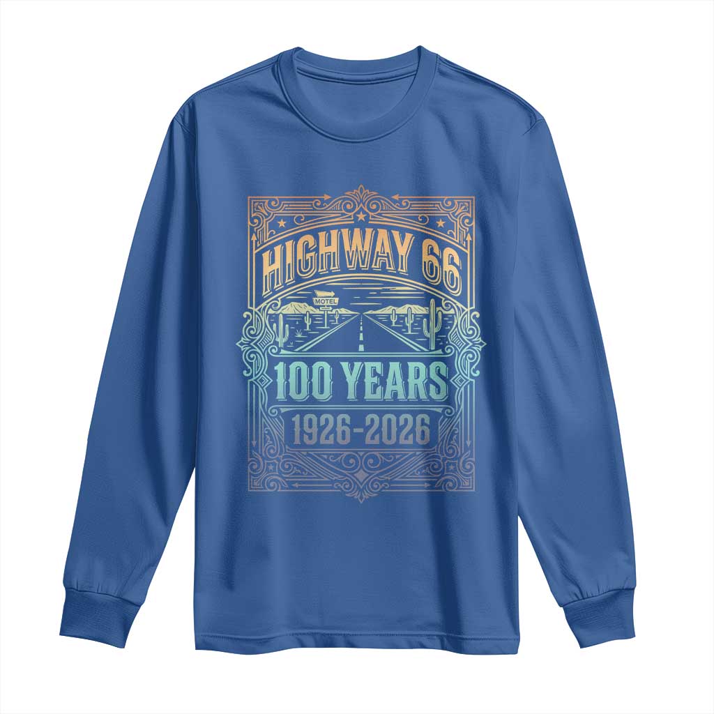 America Highway 66 100 Years Centennial 1926-2026 Long Sleeve Shirt Retro Desert Horizon The Mother Road Colorful Graphic TS02 Royal Blue Print Your Wear