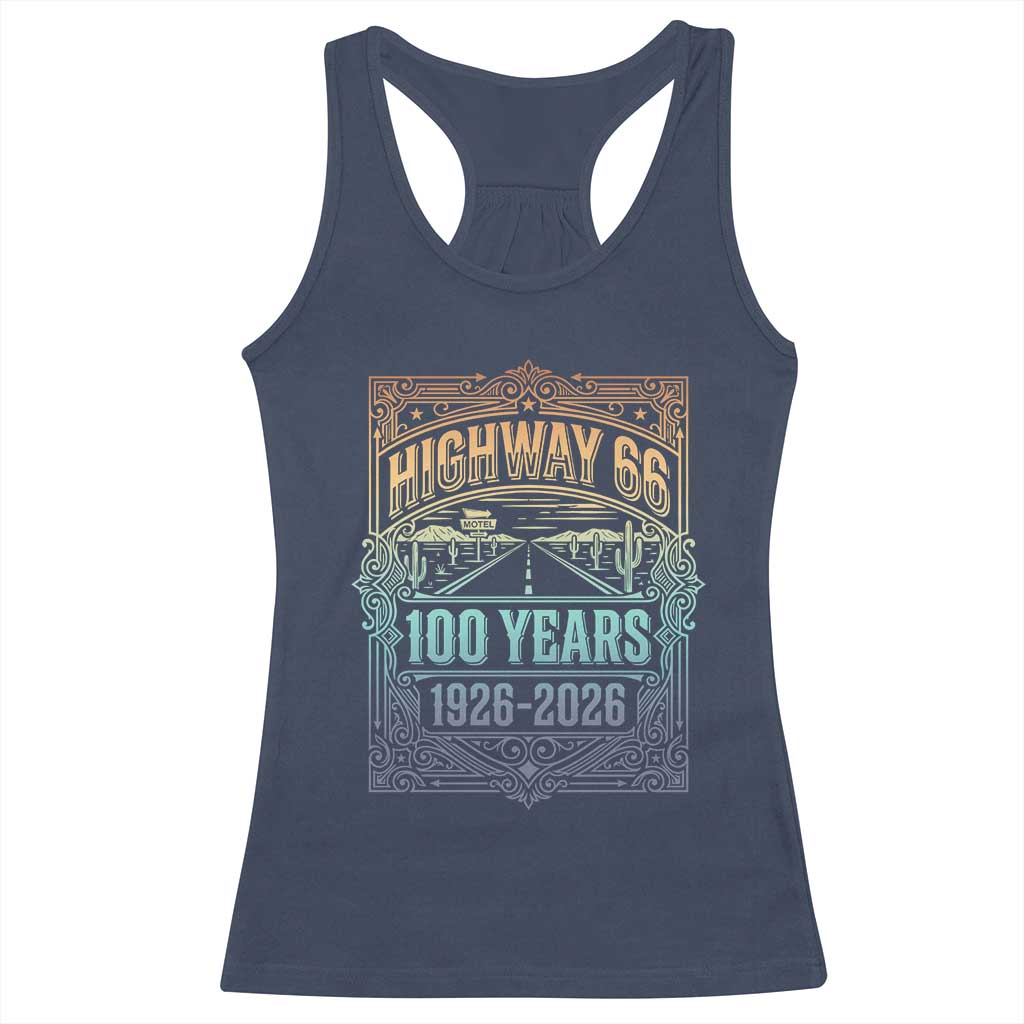 America Highway 66 100 Years Centennial 1926-2026 Racerback Tank Top Retro Desert Horizon The Mother Road Colorful Graphic TS02 Navy Print Your Wear