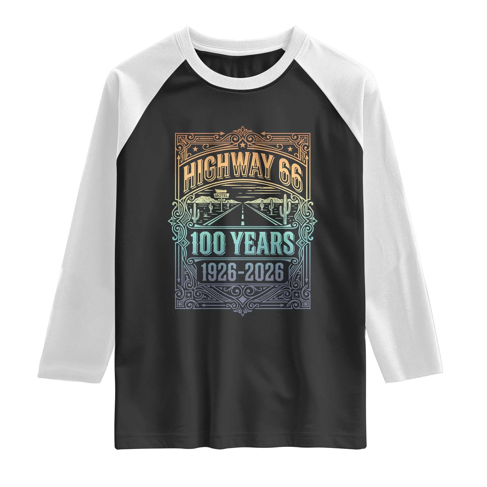 America Highway 66 100 Years Centennial 1926-2026 Raglan Shirt Retro Desert Horizon The Mother Road Colorful Graphic TS02 Black White Print Your Wear