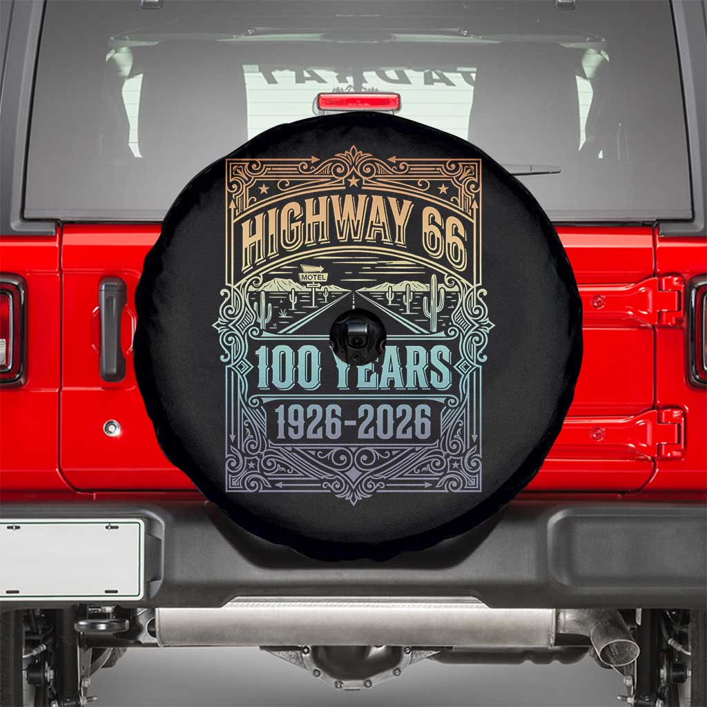 America Highway 66 100 Years Centennial 1926-2026 Spare Tire Cover Retro Desert Horizon The Mother Road Colorful Graphic TS02 Black Print Your Wear