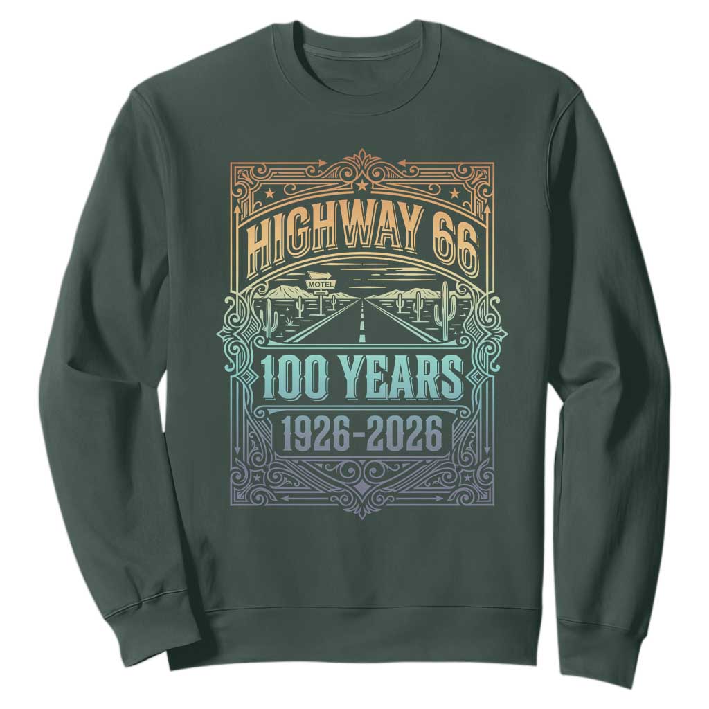 America Highway 66 100 Years Centennial 1926-2026 Sweatshirt Retro Desert Horizon The Mother Road Colorful Graphic TS02 Dark Forest Green Print Your Wear