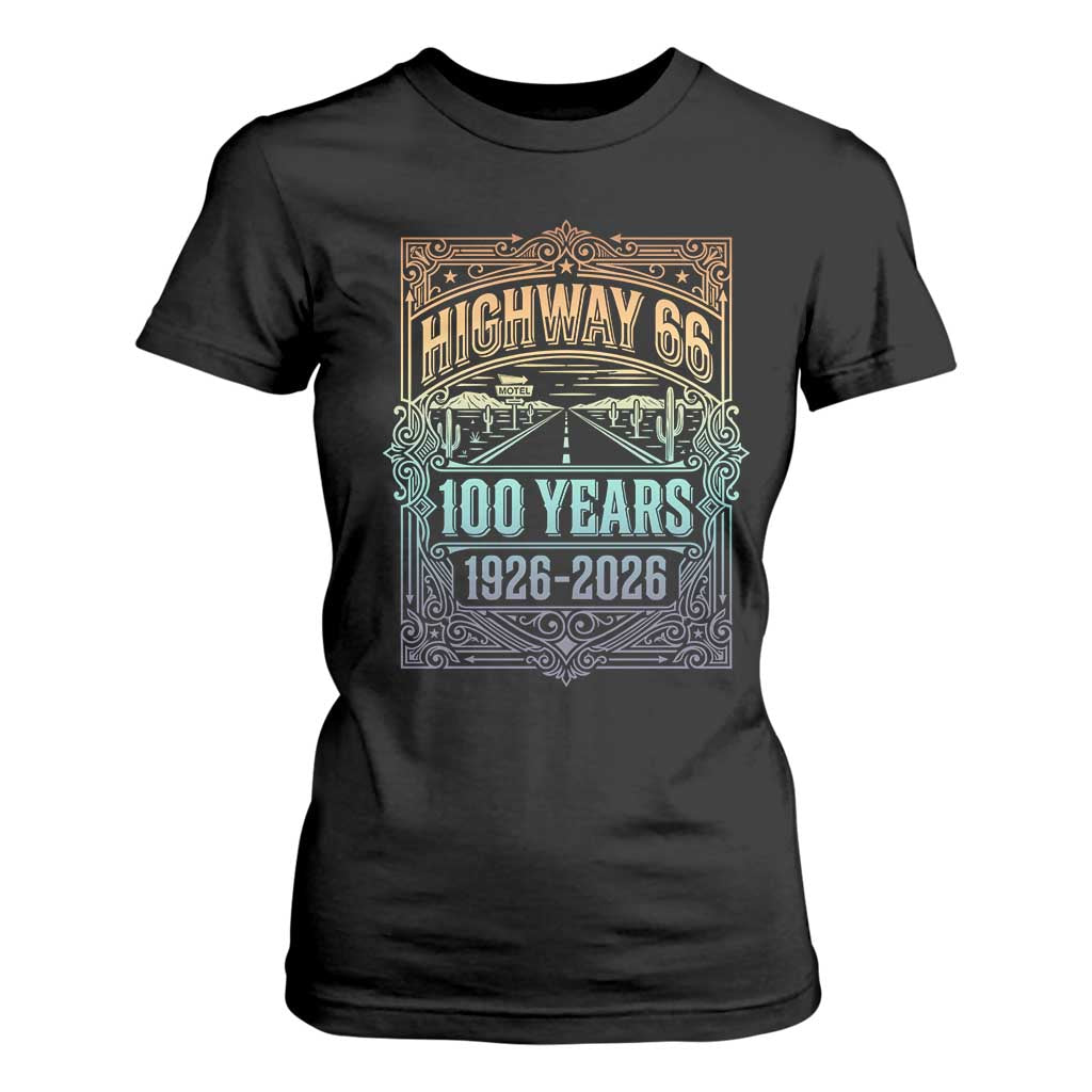 America Highway 66 100 Years Centennial 1926-2026 T Shirt For Women Retro Desert Horizon The Mother Road Colorful Graphic TS02 Black Print Your Wear