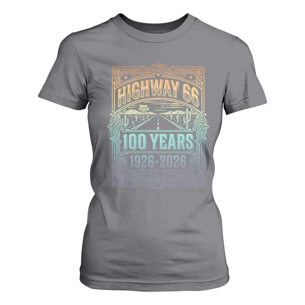 America Highway 66 100 Years Centennial 1926-2026 T Shirt For Women Retro Desert Horizon The Mother Road Colorful Graphic TS02 Charcoal Print Your Wear