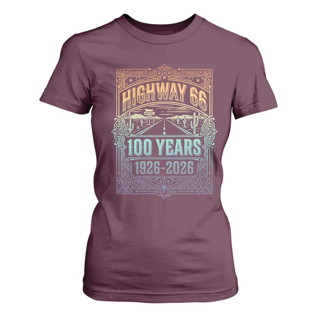 America Highway 66 100 Years Centennial 1926-2026 T Shirt For Women Retro Desert Horizon The Mother Road Colorful Graphic TS02 Maroon Print Your Wear