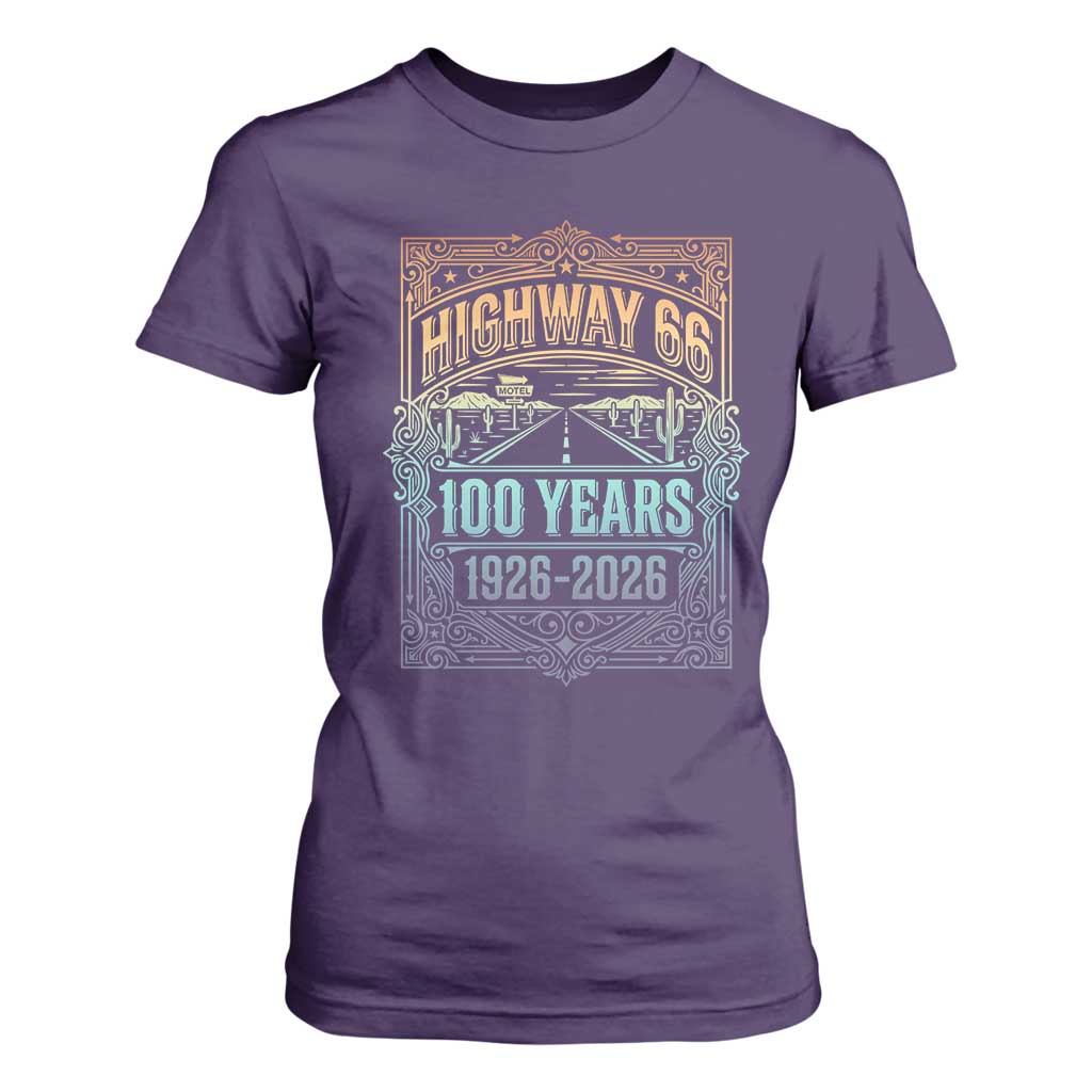 America Highway 66 100 Years Centennial 1926-2026 T Shirt For Women Retro Desert Horizon The Mother Road Colorful Graphic TS02 Purple Print Your Wear