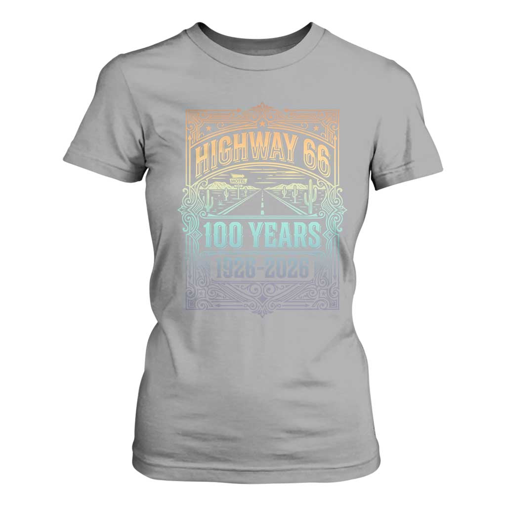 America Highway 66 100 Years Centennial 1926-2026 T Shirt For Women Retro Desert Horizon The Mother Road Colorful Graphic TS02 Sport Gray Print Your Wear