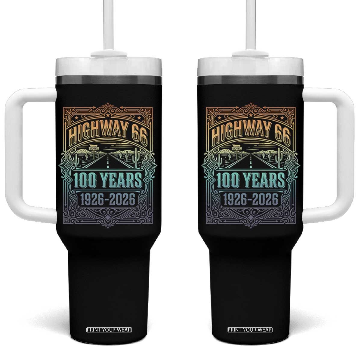 America Highway 66 100 Years Centennial 1926-2026 Tumbler With Handle Retro Desert Horizon The Mother Road Colorful Graphic TS02 One Size: 40 oz Black Print Your Wear
