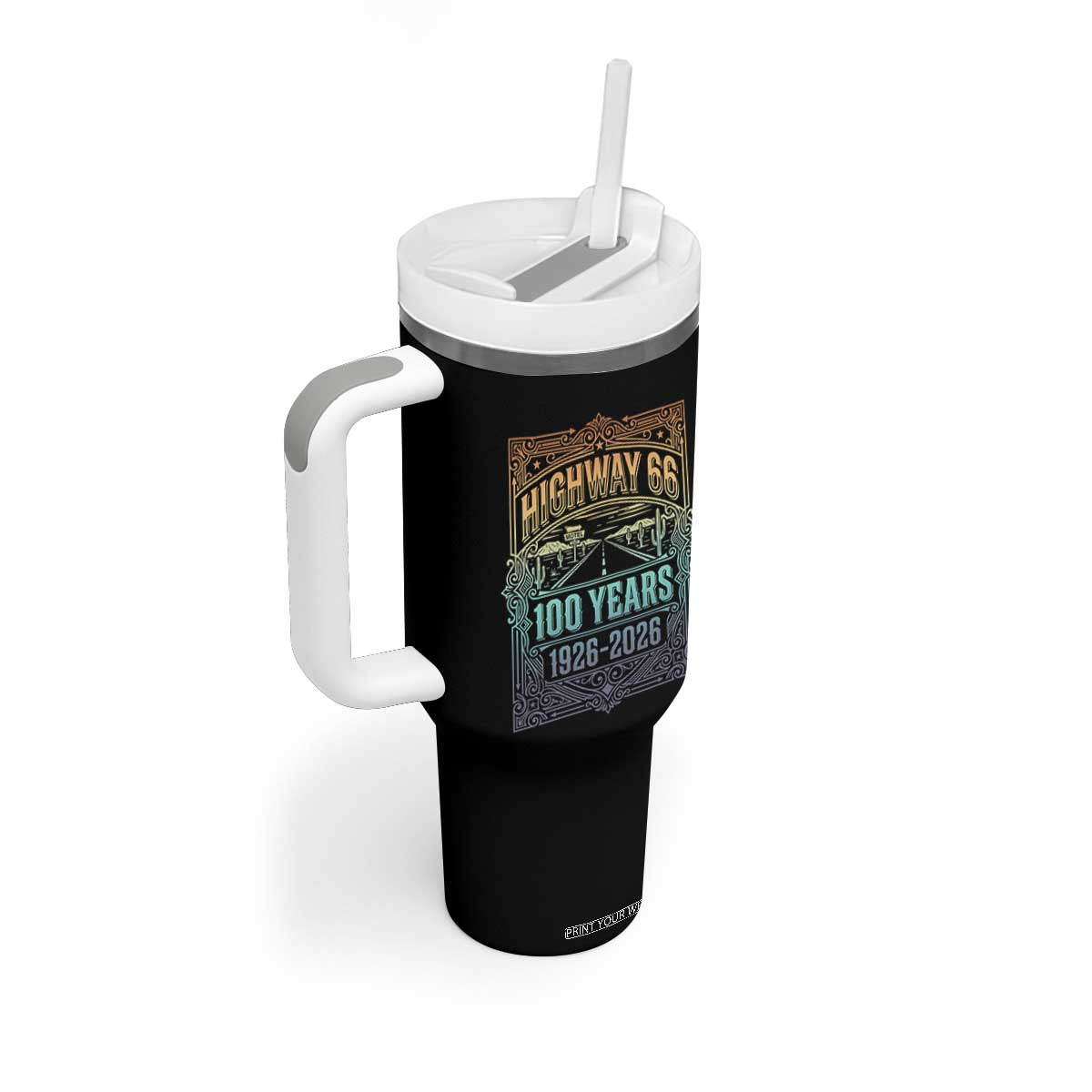 America Highway 66 100 Years Centennial 1926-2026 Tumbler With Handle Retro Desert Horizon The Mother Road Colorful Graphic TS02 Print Your Wear