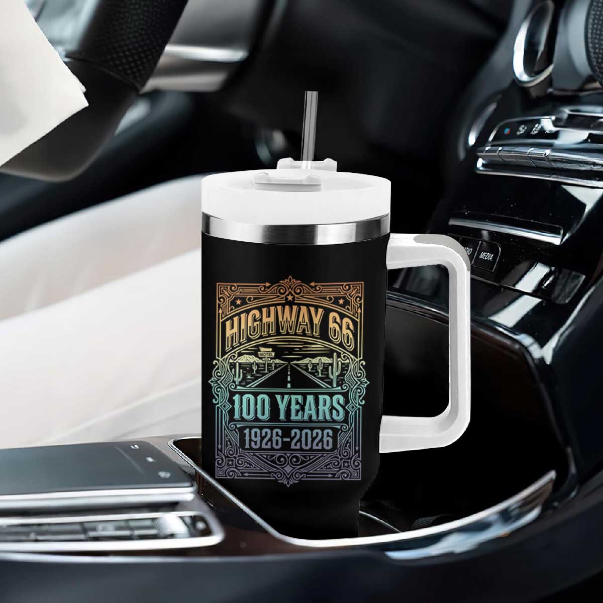 America Highway 66 100 Years Centennial 1926-2026 Tumbler With Handle Retro Desert Horizon The Mother Road Colorful Graphic TS02 Print Your Wear