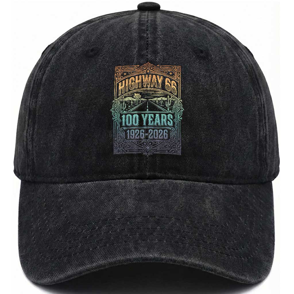 America Highway 66 100 Years Centennial 1926-2026 Washed Cotton Baseball Cap Retro Desert Horizon The Mother Road Colorful Graphic TS02 Print Your Wear