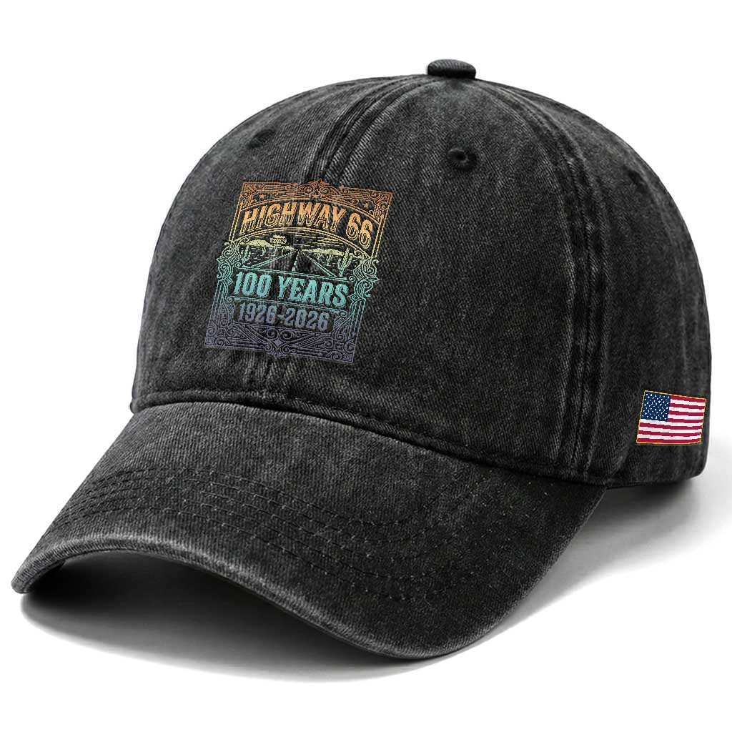 America Highway 66 100 Years Centennial 1926-2026 Washed Cotton Baseball Cap Retro Desert Horizon The Mother Road Colorful Graphic TS02 Print Your Wear