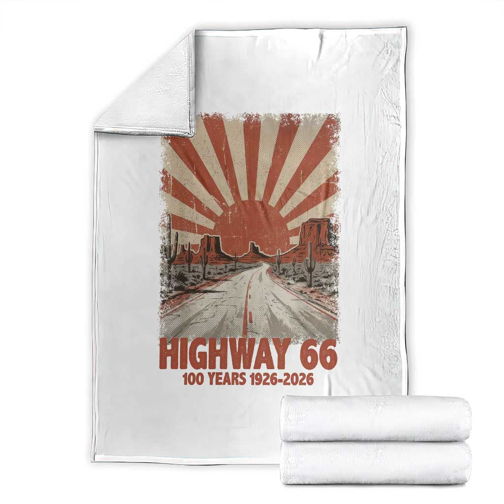 Highway 66 Main Street of America Sunset Horizon Throw Blanket Centennial 1926-2026 Retro Desert Sunburst Graphic TS02 White Print Your Wear