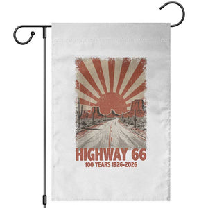 Highway 66 Main Street of America Sunset Horizon Garden Flag Centennial 1926-2026 Retro Desert Sunburst Graphic TS02 White Print Your Wear