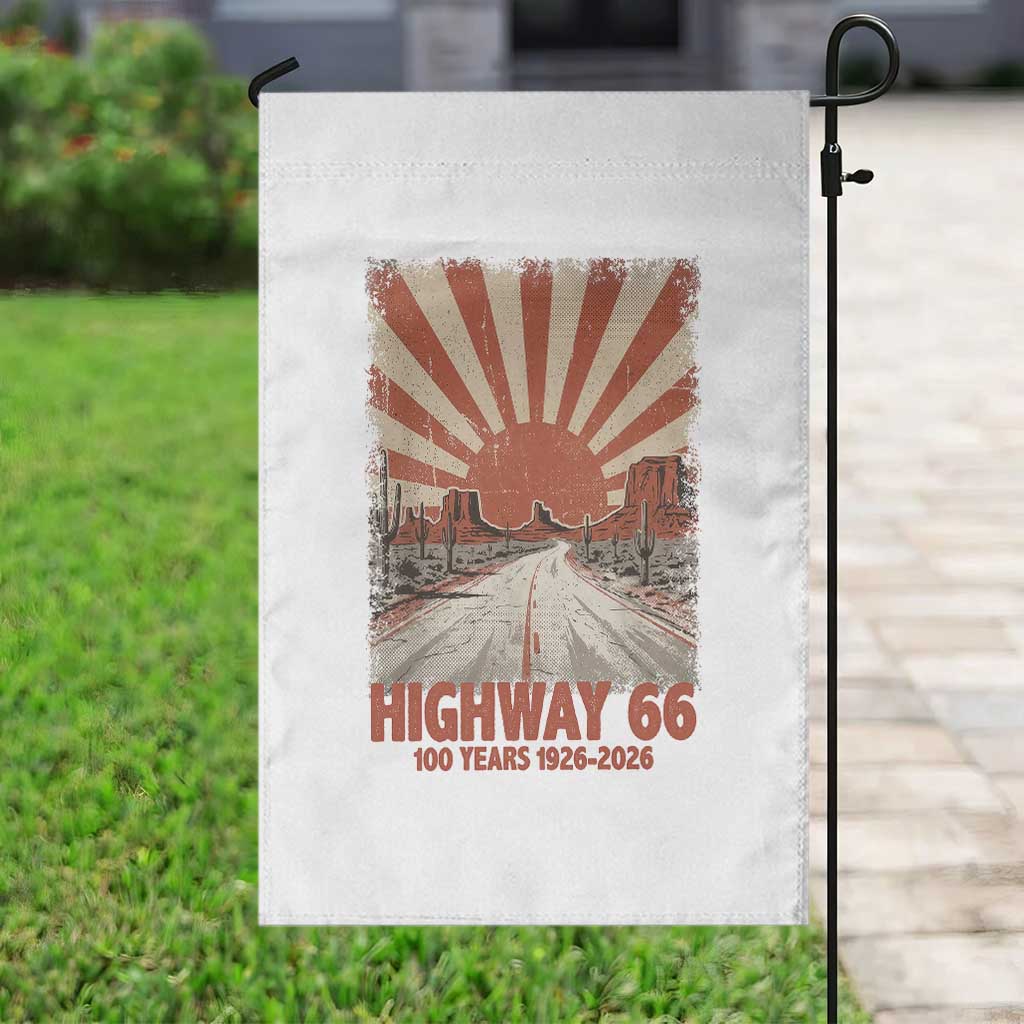 Highway 66 Main Street of America Sunset Horizon Garden Flag Centennial 1926-2026 Retro Desert Sunburst Graphic TS02 Print Your Wear