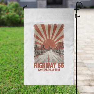 Highway 66 Main Street of America Sunset Horizon Garden Flag Centennial 1926-2026 Retro Desert Sunburst Graphic TS02 Print Your Wear