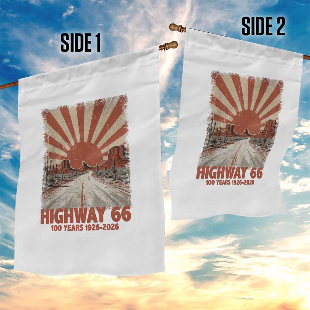 Highway 66 Main Street of America Sunset Horizon Garden Flag Centennial 1926-2026 Retro Desert Sunburst Graphic TS02 Print Your Wear
