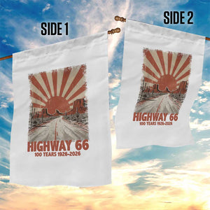 Highway 66 Main Street of America Sunset Horizon Garden Flag Centennial 1926-2026 Retro Desert Sunburst Graphic TS02 Print Your Wear