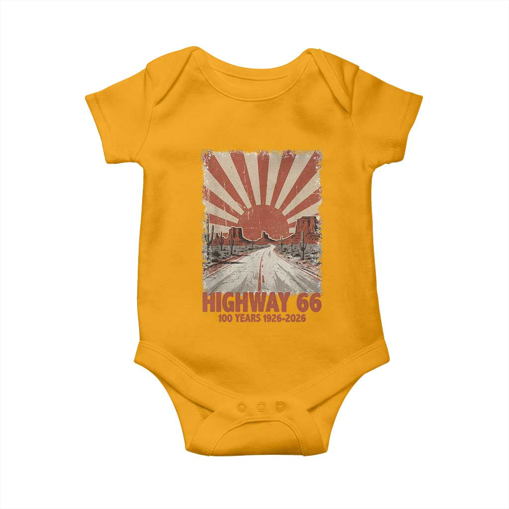 Highway 66 Main Street of America Sunset Horizon Baby Onesie Centennial 1926-2026 Retro Desert Sunburst Graphic TS02 Gold Print Your Wear