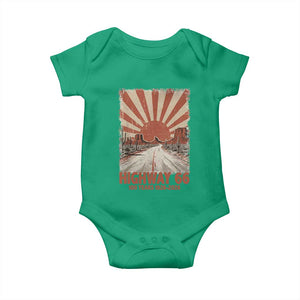 Highway 66 Main Street of America Sunset Horizon Baby Onesie Centennial 1926-2026 Retro Desert Sunburst Graphic TS02 Irish Green Print Your Wear