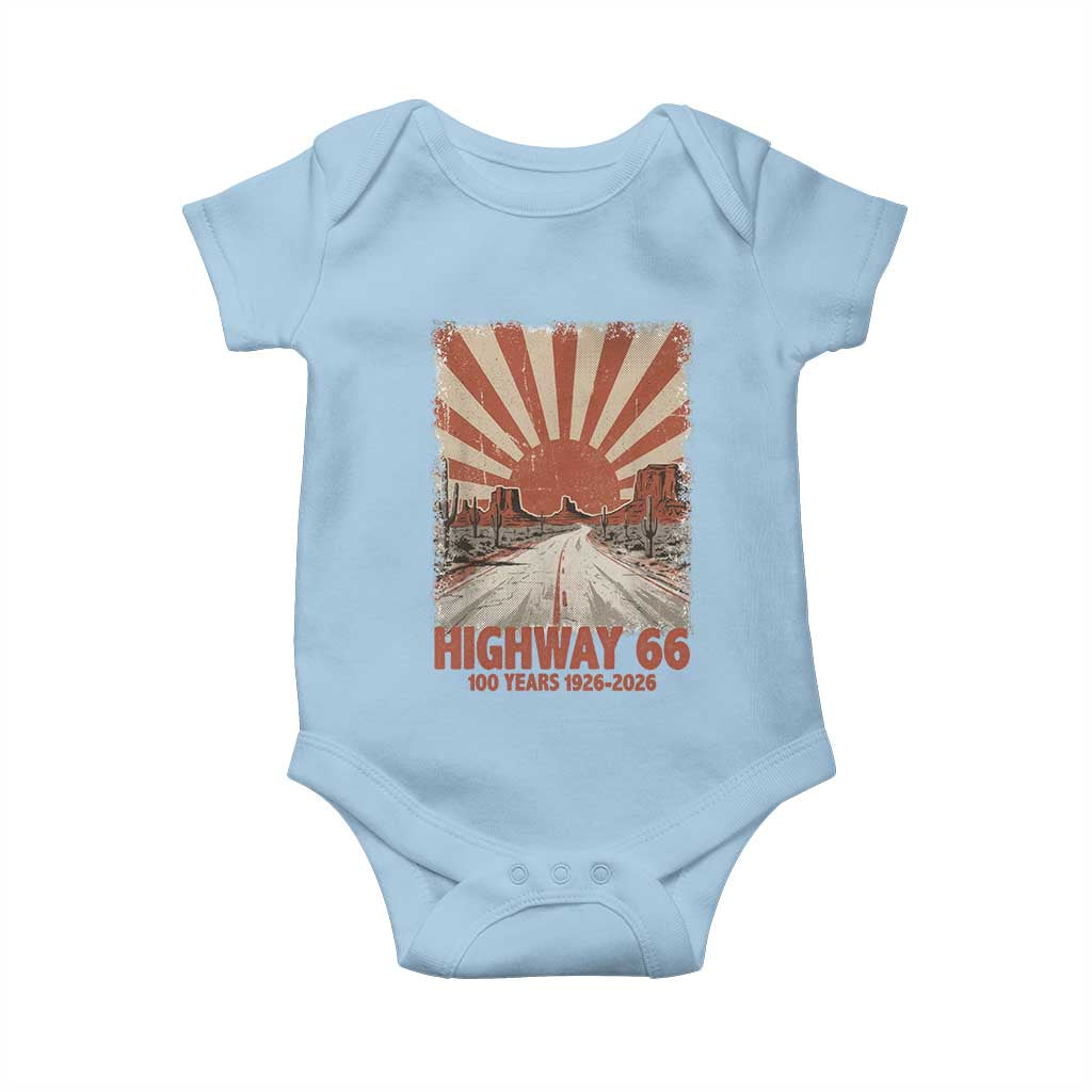 Highway 66 Main Street of America Sunset Horizon Baby Onesie Centennial 1926-2026 Retro Desert Sunburst Graphic TS02 Light Blue Print Your Wear