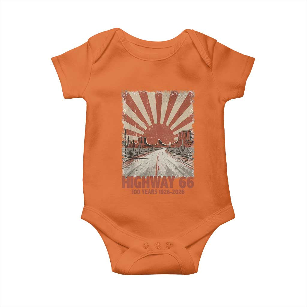 Highway 66 Main Street of America Sunset Horizon Baby Onesie Centennial 1926-2026 Retro Desert Sunburst Graphic TS02 Orange Print Your Wear