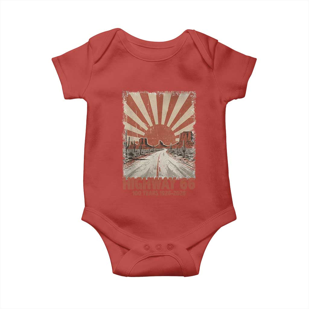 Highway 66 Main Street of America Sunset Horizon Baby Onesie Centennial 1926-2026 Retro Desert Sunburst Graphic TS02 Red Print Your Wear