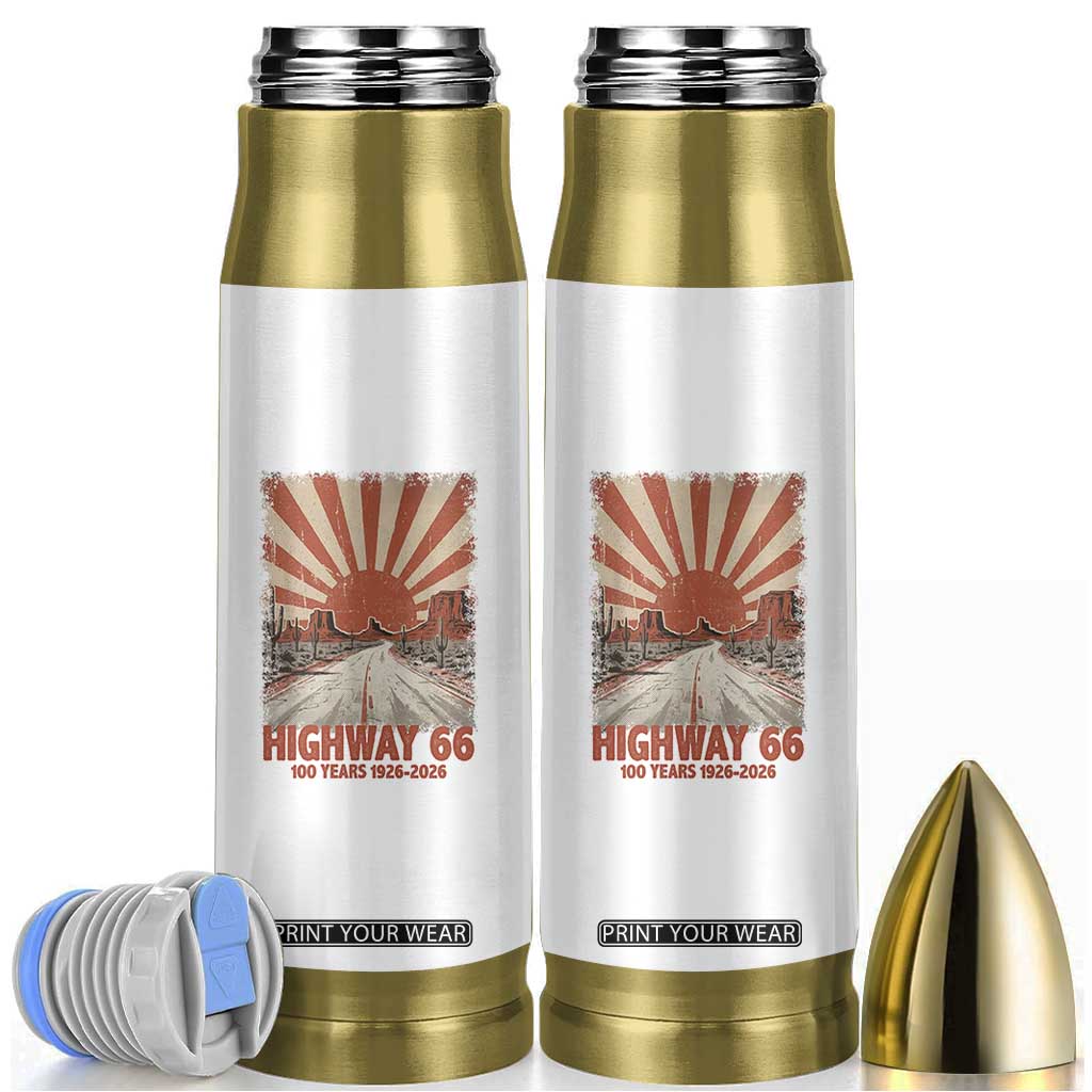 Highway 66 Main Street of America Sunset Horizon Bullet Tumbler Centennial 1926-2026 Retro Desert Sunburst Graphic TS02 White Print Your Wear