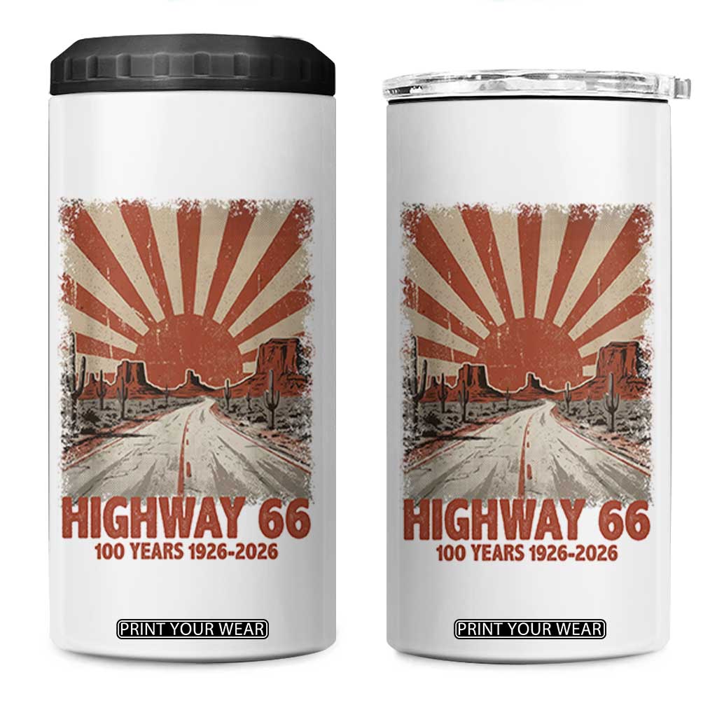 Highway 66 Main Street of America Sunset Horizon 4 in 1 Can Cooler Tumbler Centennial 1926-2026 Retro Desert Sunburst Graphic TS02 One Size: 16 oz White Print Your Wear