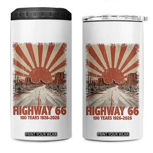 Highway 66 Main Street of America Sunset Horizon 4 in 1 Can Cooler Tumbler Centennial 1926-2026 Retro Desert Sunburst Graphic TS02 One Size: 16 oz White Print Your Wear