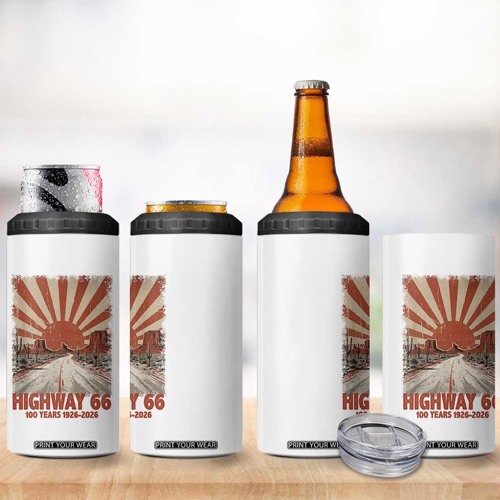 Highway 66 Main Street of America Sunset Horizon 4 in 1 Can Cooler Tumbler Centennial 1926-2026 Retro Desert Sunburst Graphic TS02 Print Your Wear