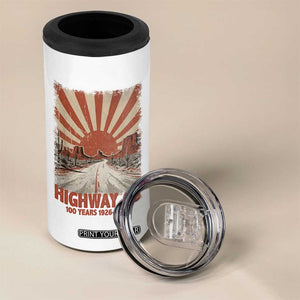 Highway 66 Main Street of America Sunset Horizon 4 in 1 Can Cooler Tumbler Centennial 1926-2026 Retro Desert Sunburst Graphic TS02 Print Your Wear