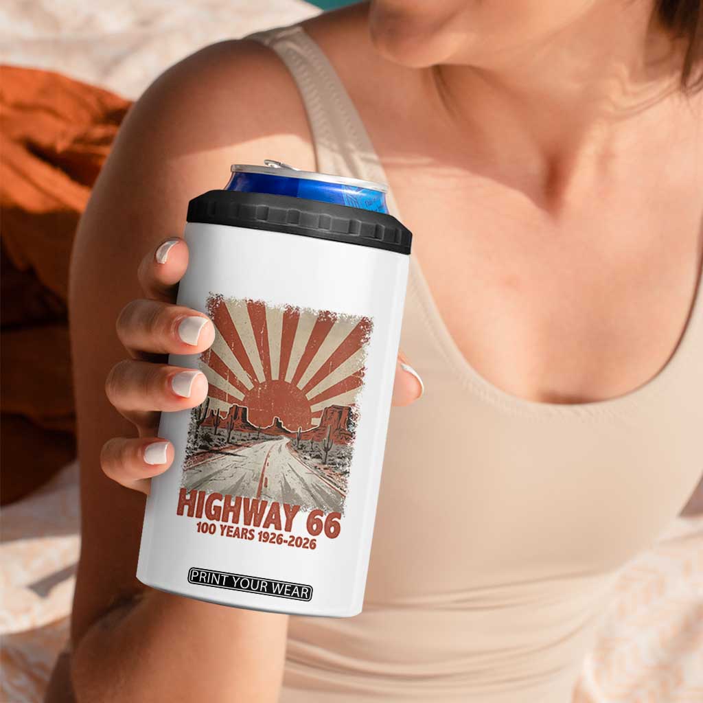 Highway 66 Main Street of America Sunset Horizon 4 in 1 Can Cooler Tumbler Centennial 1926-2026 Retro Desert Sunburst Graphic TS02 Print Your Wear