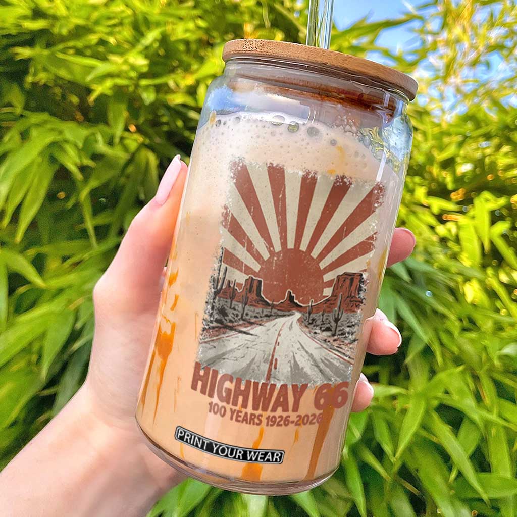 Highway 66 Main Street of America Sunset Horizon Glass Can Centennial 1926-2026 Retro Desert Sunburst Graphic TS02 White Print Your Wear