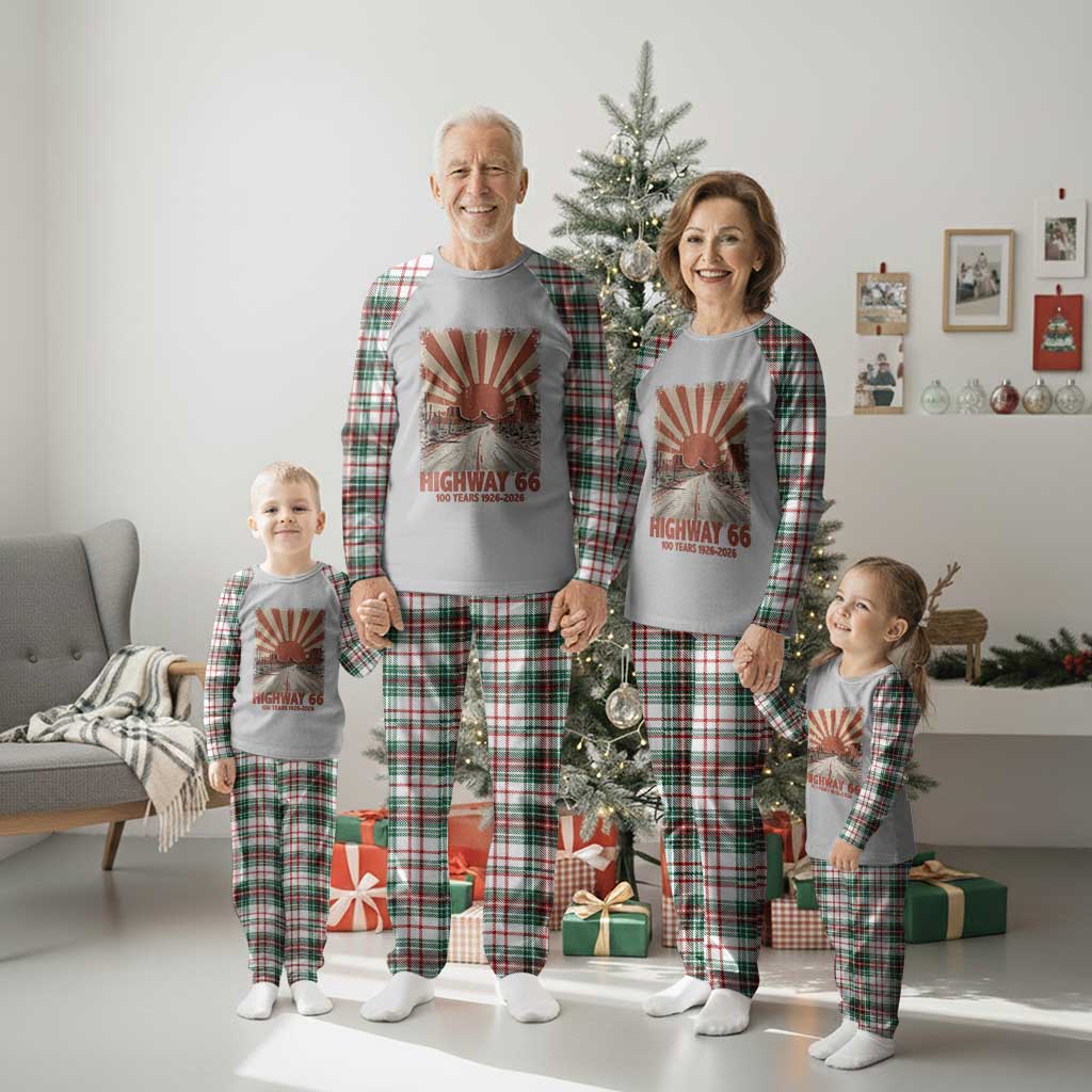 Highway 66 Main Street of America Sunset Horizon Plaid Pajama Set Centennial 1926-2026 Retro Desert Sunburst Graphic TS02 Christmas Plaid Print Your Wear