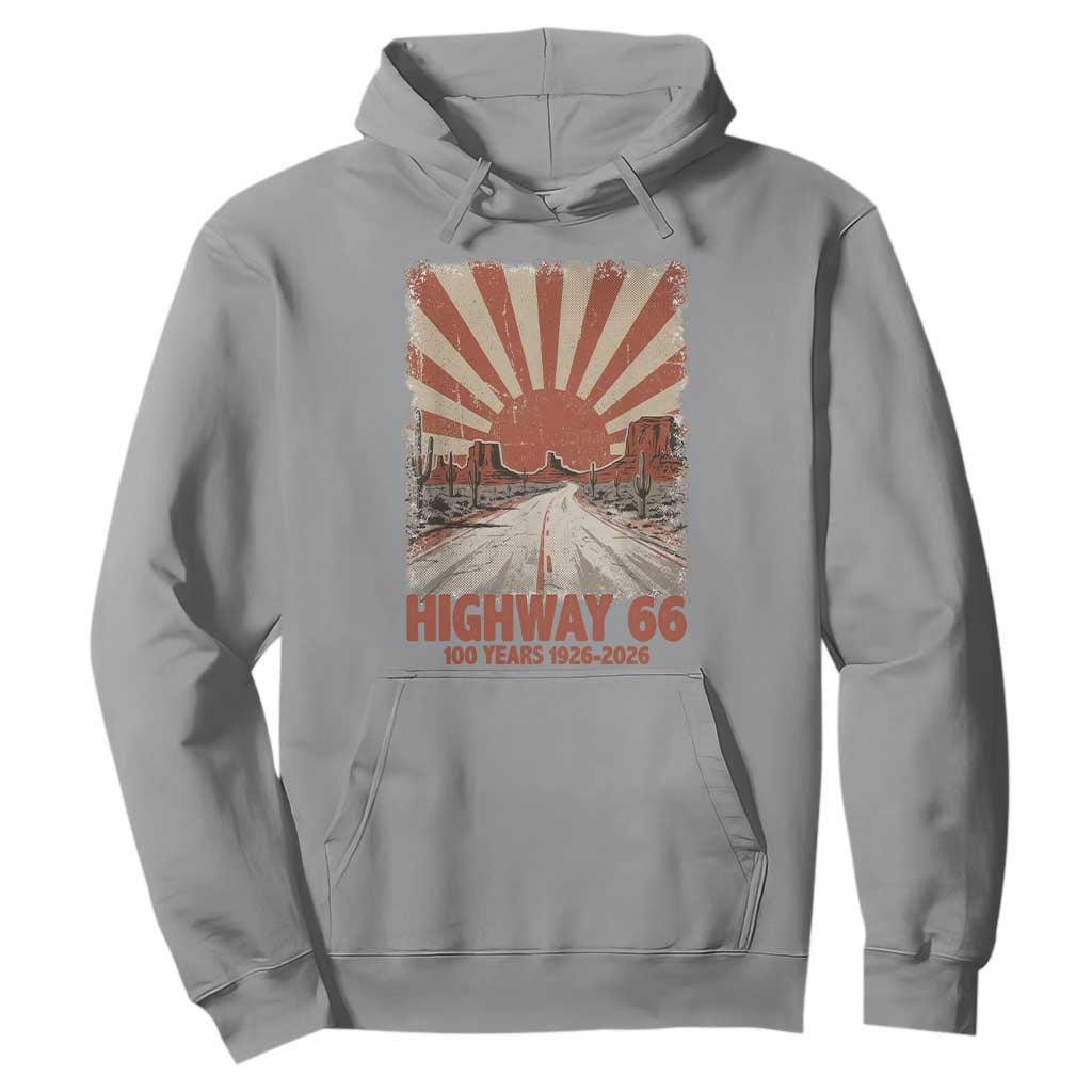Highway 66 Main Street of America Sunset Horizon Hoodie Centennial 1926-2026 Retro Desert Sunburst Graphic TS02 Sport Gray Print Your Wear