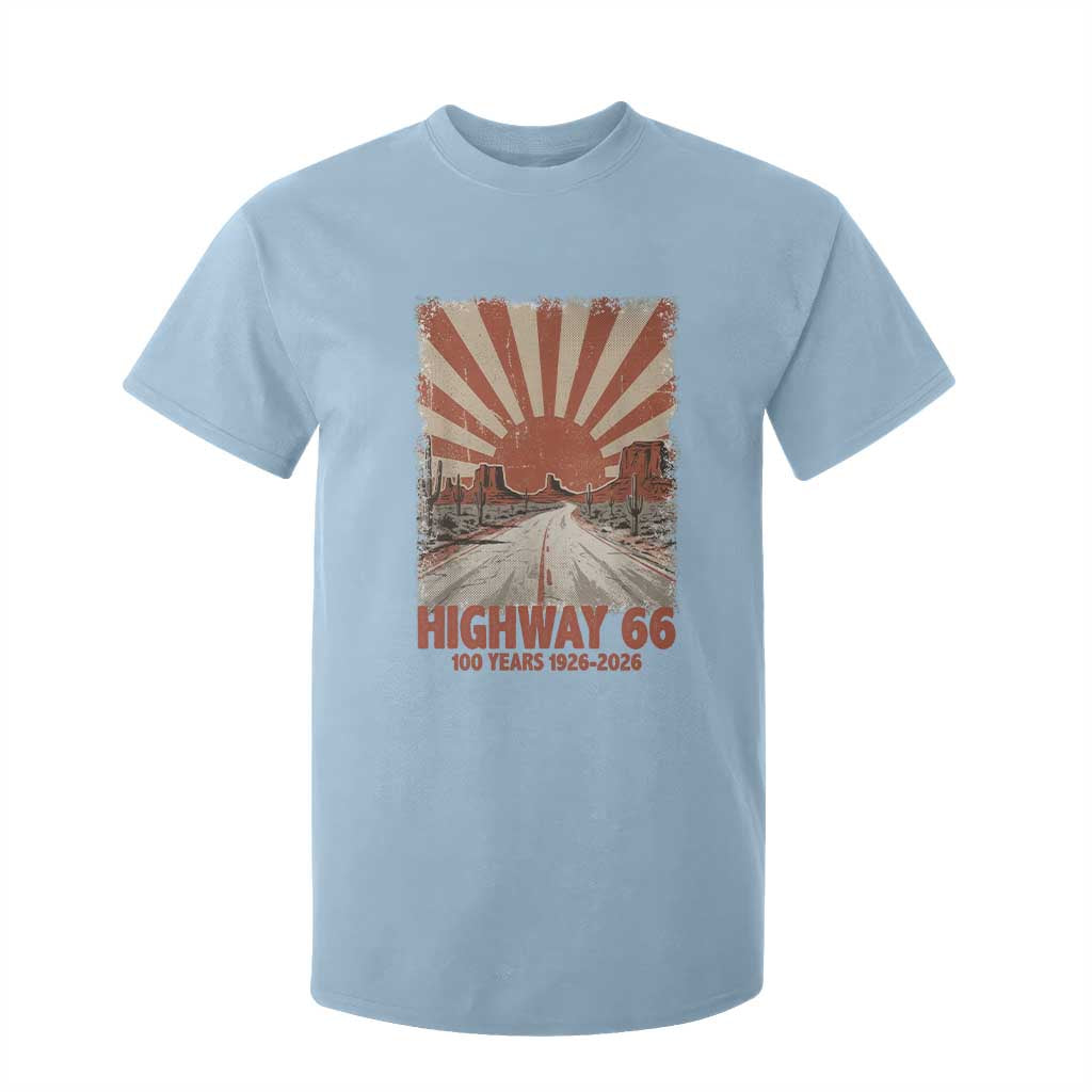 Highway 66 Main Street of America Sunset Horizon T Shirt For Kid Centennial 1926-2026 Retro Desert Sunburst Graphic TS02 Light Blue Print Your Wear