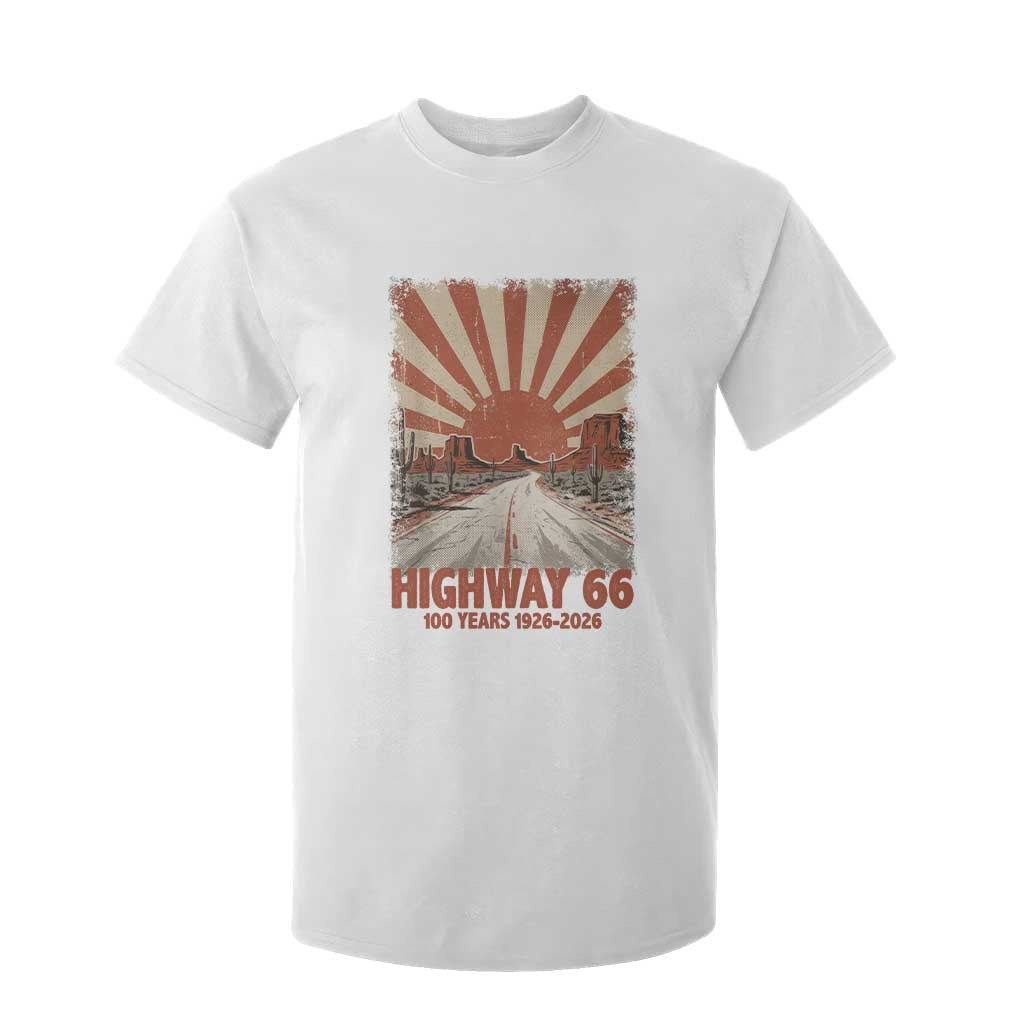 Highway 66 Main Street of America Sunset Horizon T Shirt For Kid Centennial 1926-2026 Retro Desert Sunburst Graphic TS02 White Print Your Wear