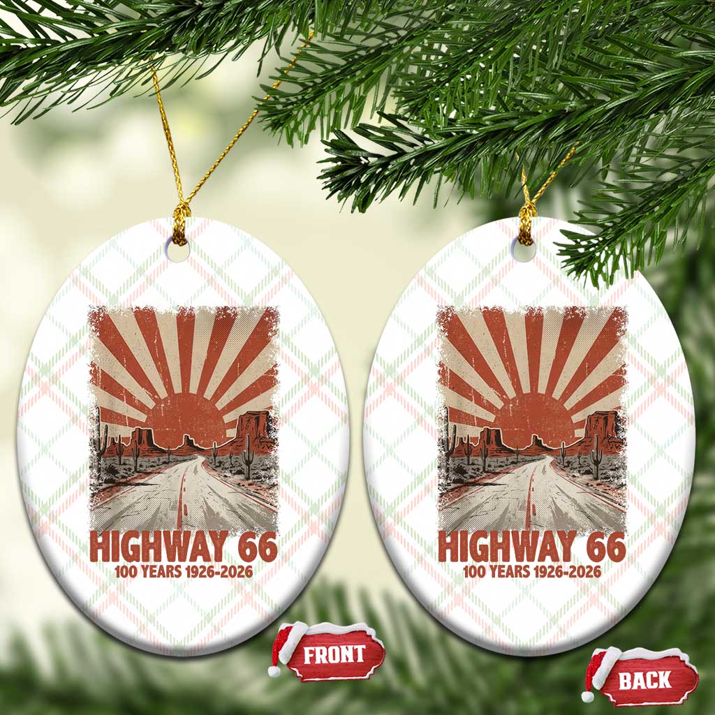Highway 66 Main Street of America Sunset Horizon Ceramic Ornament Centennial 1926-2026 Retro Desert Sunburst Graphic TS02 Print Your Wear